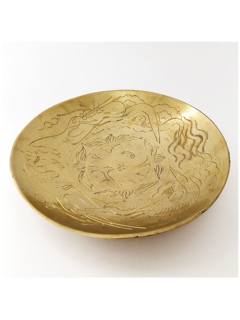 Vintage Brass Dish Hand Etched Dragon Pattern Engraved